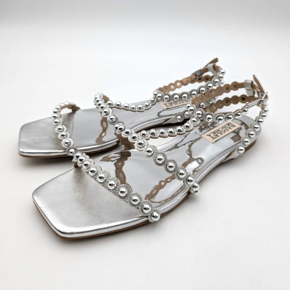 Badgley Mischka Cami Pearled Gladiator Flat Sandals Womens Silver Sz US6.5M EU37
